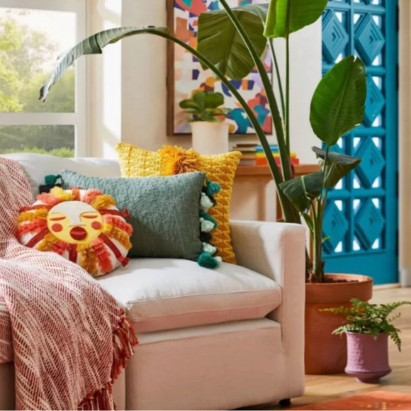 Fringed & Embroidered Sun Sunrise Boho Round Throw Pillow designed with Bungalow - Picture 3 of 3